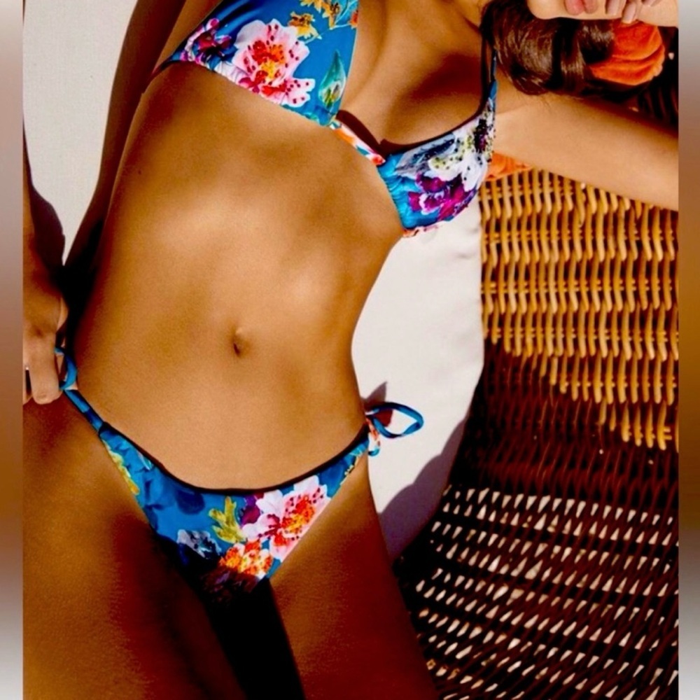 Pilyq PQ Swim Spiritual‎ Bloom Ruched Tie Bottoms Colorful Floral Print NWOT